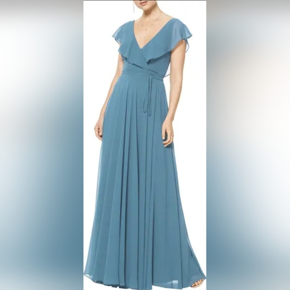 Bill Levkoff Dresses & Skirts - Bill Levkoff Blue Ruffle V-Neck Wrap Gown US 8